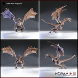 Four-angle digital render of the Adult Black Dragon 02 miniature by Novaminis showing front, left side, rear, and right side views of the unpainted sculpt. The front view emphasises the spread wings and open jaws; the side views reveal the sweeping ridged tail, layered scales along the spine, and the full wing membrane detail including talon-tipped leading edges; the rear view shows the muscular back and wing attachment structure.