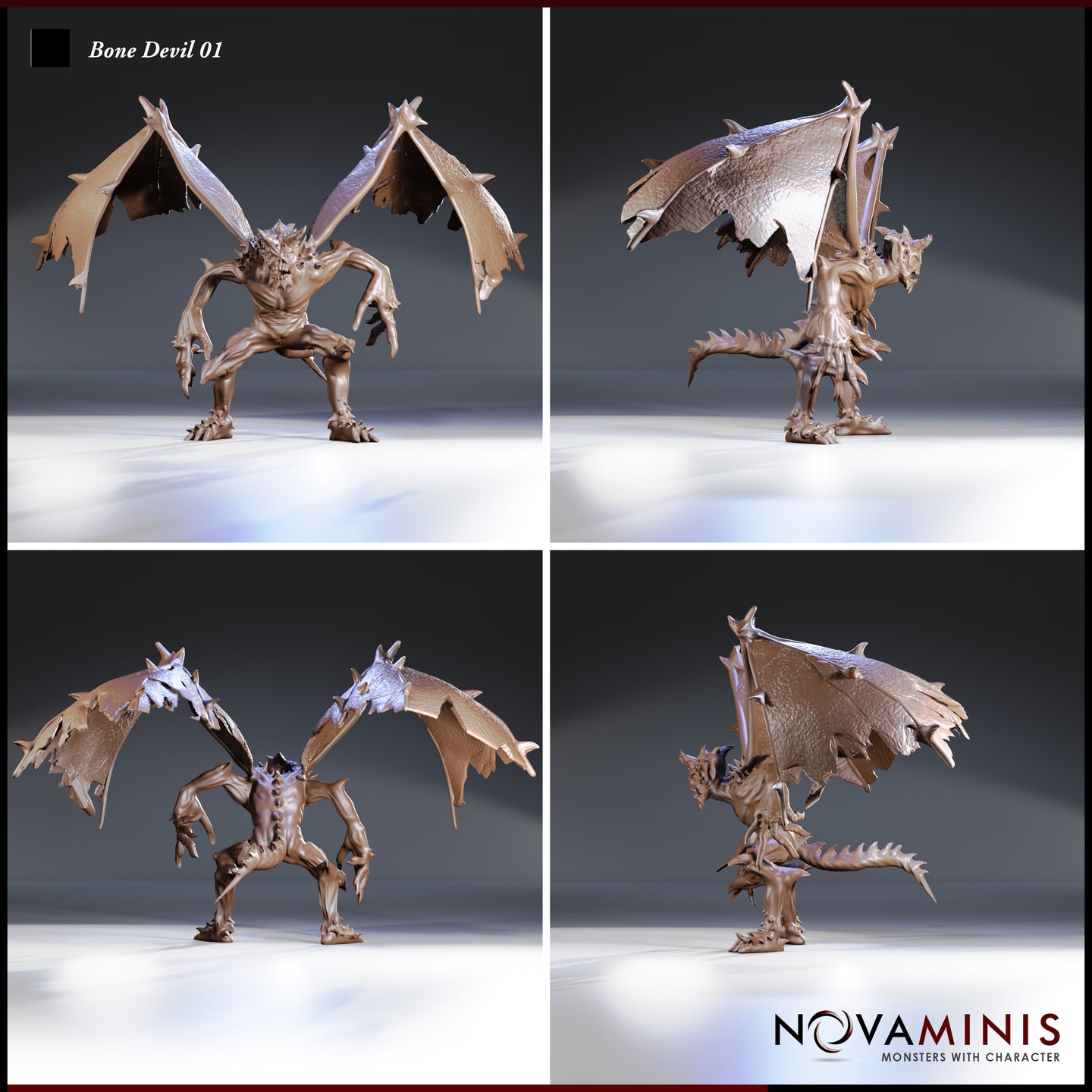 Four-angle digital render of Bone Devil 01 by Novaminis — front, side, rear, and three-quarter views showing the wide-winged crouching pose, tattered membranous wings, and detailed bone-spur detailing across shoulders and limbs