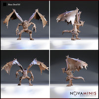 Four-angle digital render of Bone Devil 01 by Novaminis — front, side, rear, and three-quarter views showing the wide-winged crouching pose, tattered membranous wings, and detailed bone-spur detailing across shoulders and limbs