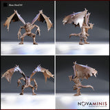 Four-angle digital render of the Bone Devil 01 miniature by Novaminis showing front, side, rear, and low-angle views — revealing the full wing span with textured leathery membranes, dorsal spines along the back, elongated clawed limbs, spiked wrists, and sinuous tail, all in an unpainted warm brown render finish