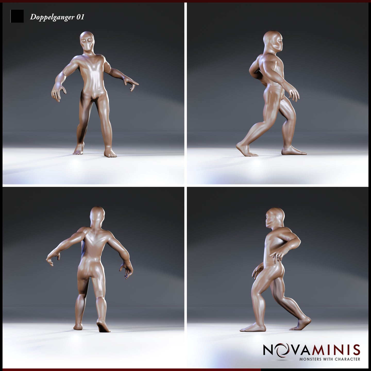 Novaminis Doppelganger 01 digital render — four-angle turnaround showing front, side, back, and three-quarter views of the featureless humanoid shapeshifter miniature in an upright, arms-out pose