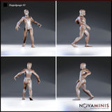 Four-angle digital render of Doppelganger 01 by Novaminis — front, side, back, and three-quarter views of the featureless shapeshifter miniature, showing the alert crouching stance, smooth blank face, and full anatomical detail of the 32mm scale sculpt