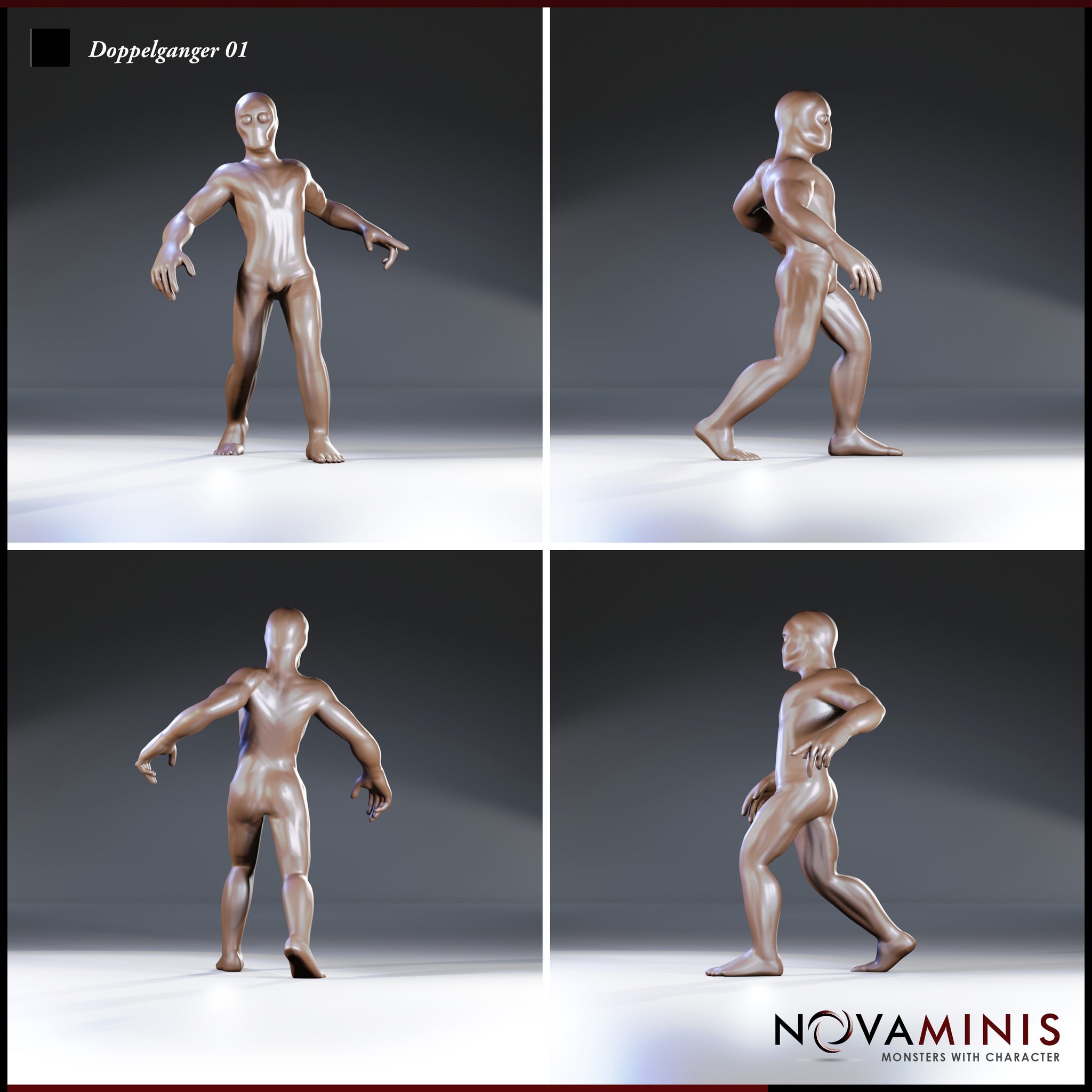 Four-angle digital render of Doppelganger 01 by Novaminis — front, side, back, and three-quarter views of the featureless shapeshifter miniature, showing the alert crouching stance, smooth blank face, and full anatomical detail of the 32mm scale sculpt