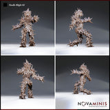 Four-angle digital render of Needle Blight 02 by Novaminis showing front, side, rear, and three-quarter views of the spine-covered plant creature in its wide-armed lunging pose, unpainted grey, highlighting the dense thorn detail across the full body