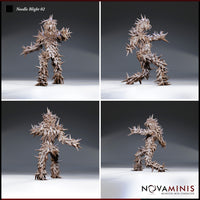 Four-angle digital render of Needle Blight 02 by Novaminis showing front, side, rear, and three-quarter views of the spine-covered plant creature in its wide-armed lunging pose, unpainted grey, highlighting the dense thorn detail across the full body