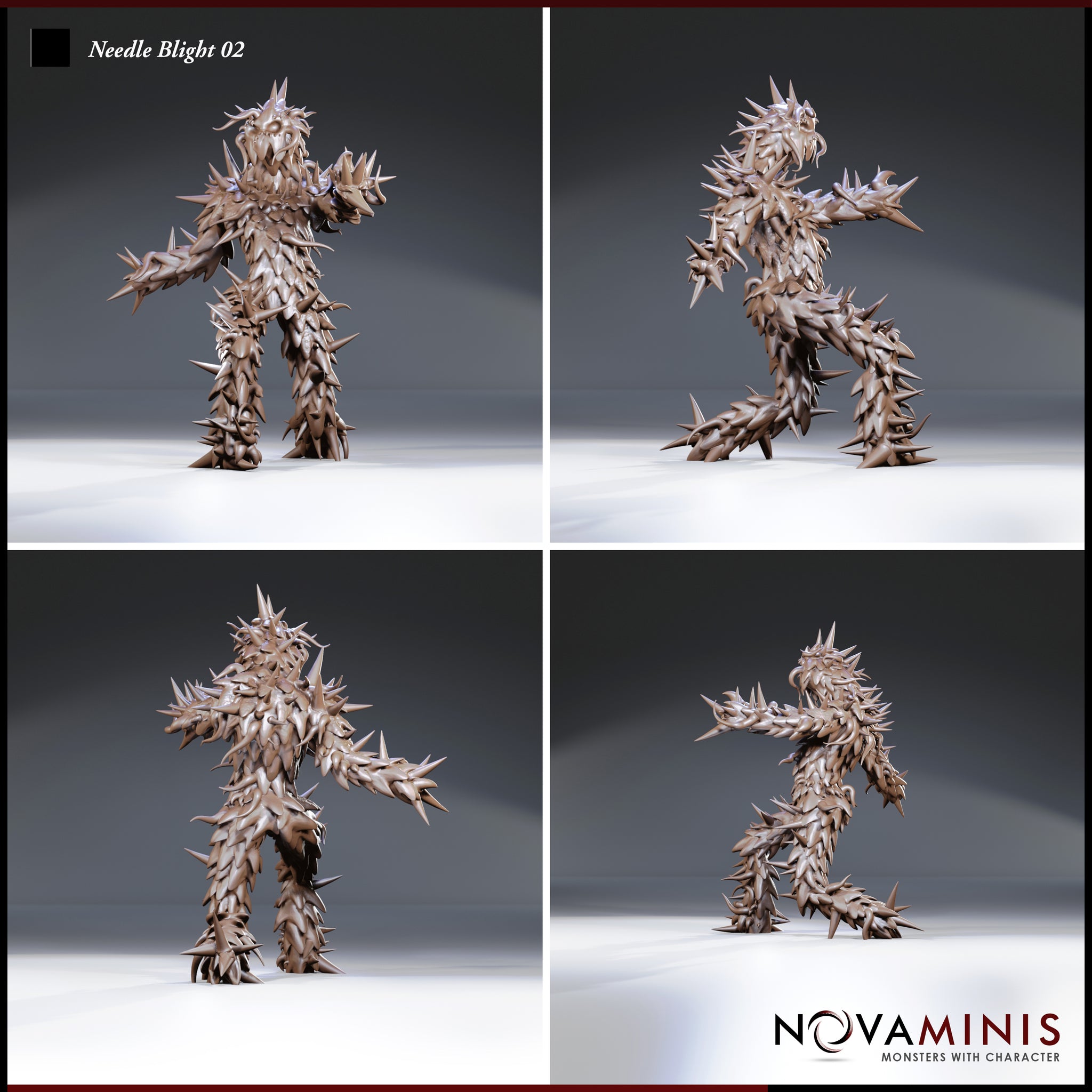 Four-angle digital render of Needle Blight 02 by Novaminis showing front, side, rear, and three-quarter views of the spine-covered plant creature in its wide-armed lunging pose, unpainted grey, highlighting the dense thorn detail across the full body