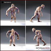 Four-angle turnaround render of Flesh Golem 01 by Novaminis — front, side, back, and three-quarter views of a stitched flesh golem in a crouching predatory stance, showing full suture detail across the torso, limbs, and bare feet, unpainted digital render
