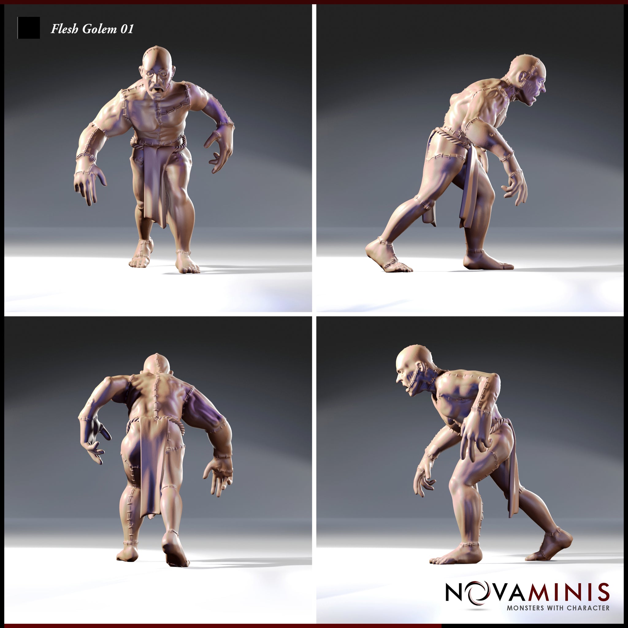 Four-angle turnaround render of Flesh Golem 01 by Novaminis — front, side, back, and three-quarter views of a stitched flesh golem in a crouching predatory stance, showing full suture detail across the torso, limbs, and bare feet, unpainted digital render