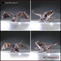 Four-angle digital render of Young White Dragon 01 by Novaminis showing front, side, rear-quarter, and low profile views — unpainted sculpt displaying fully articulated scale texture across body and wings, hooked wing spurs, neck frills, and whip-like tail in a crouching attack stance