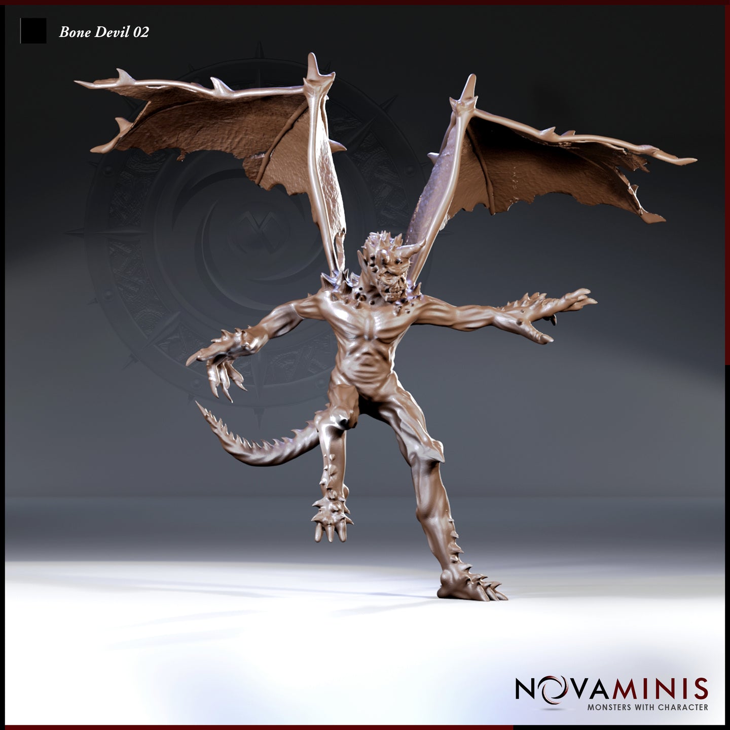 Front-facing digital render of the Bone Devil 02 miniature by Novaminis — an unpainted resin-coloured devil with wide bat-like wings fully spread, taloned arms outstretched, bony spines on its skull and shoulders, a serrated tail curled low, and clawed feet planted in a wide aggressive stance