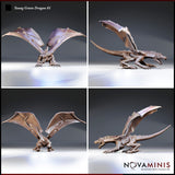 Four-angle digital render sheet of Young Green Dragon 01 by Novaminis showing front view with wings fully spread, side profile with tail extended and jaws open, rear view displaying wing membrane detail and dorsal spine ridge, and a second side view showing the crouched low-slung body posture and open mouth threat display