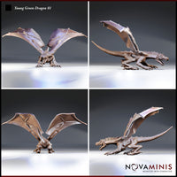 Four-angle digital render sheet of Young Green Dragon 01 by Novaminis showing front view with wings fully spread, side profile with tail extended and jaws open, rear view displaying wing membrane detail and dorsal spine ridge, and a second side view showing the crouched low-slung body posture and open mouth threat display