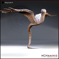 Digital render of Flying Snake 01 miniature by Novaminis — winged serpent in a dramatic rearing pose with wings spread wide, head raised and tongue extended, tail curled beneath, feathered wing detail visible, unpainted clay render