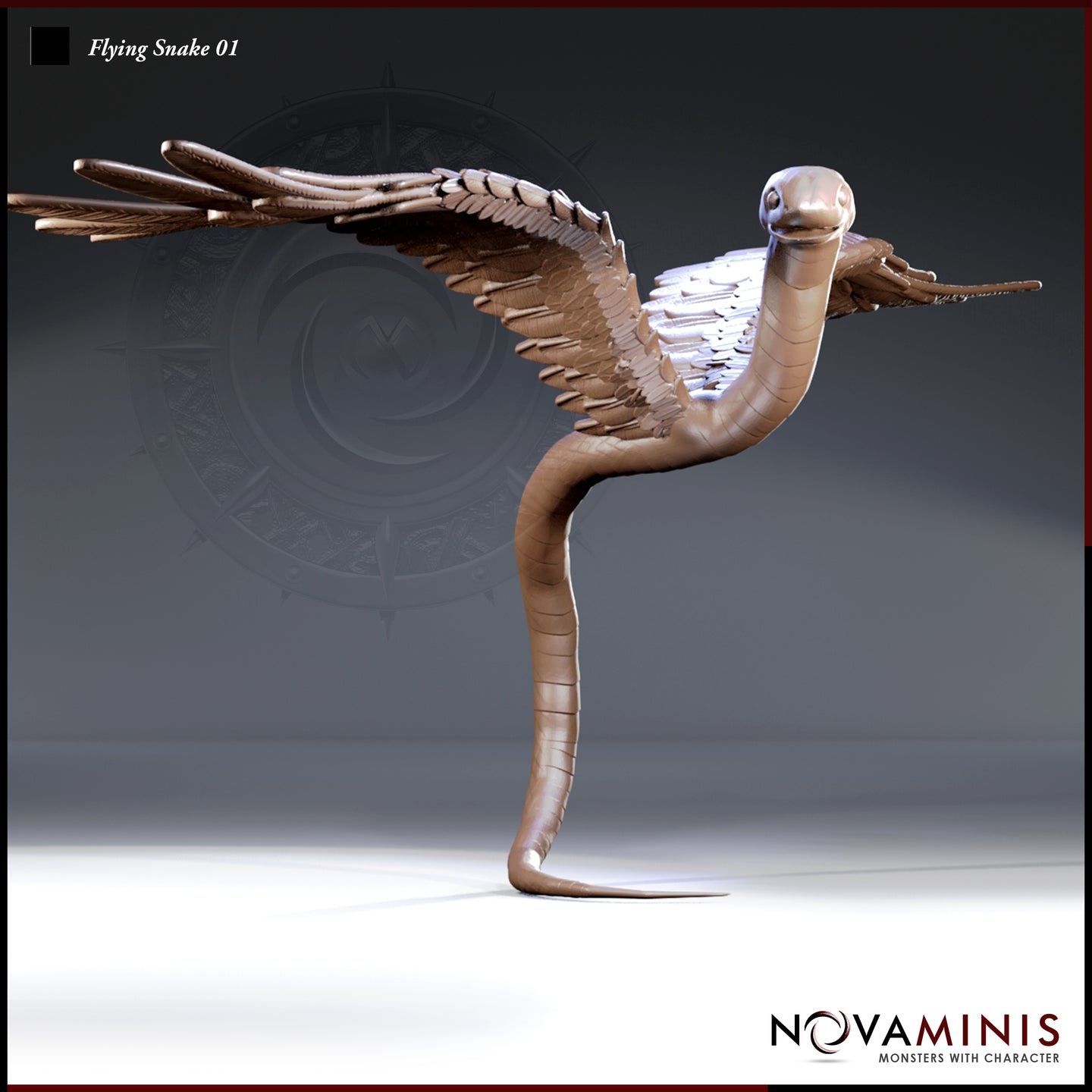 Digital render of a Flying Snake 01 miniature by Novaminis — a winged serpent with broad feathered wings spread wide, body rearing upward in an S-curve, jaws slightly open, viewed from a three-quarter front angle at 32mm scale