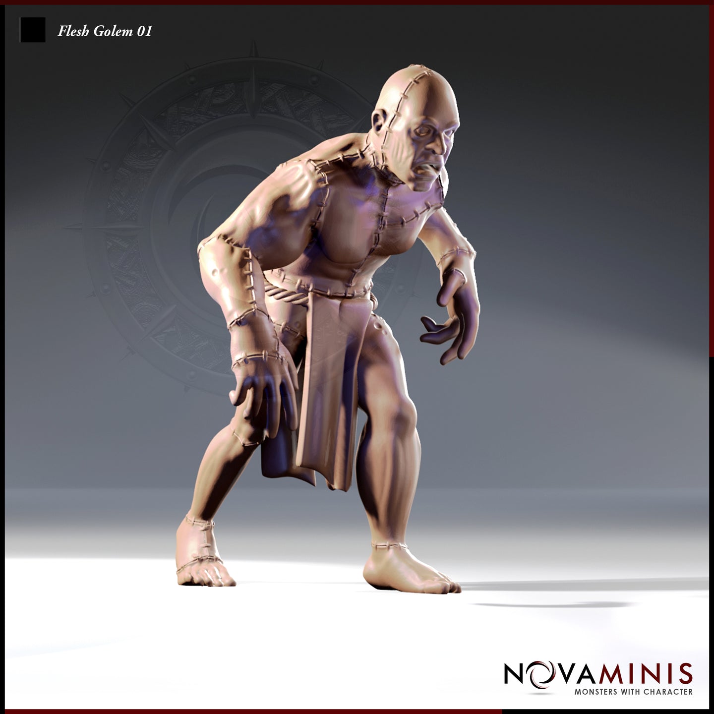 32mm scale digital render of Flesh Golem 01 by Novaminis — a large stitched humanoid creature in a hunched, forward-leaning pose with hands reaching, suture lines visible across chest, arms, and legs, unpainted grey resin render