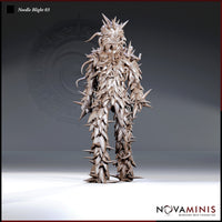 Digital render of Needle Blight 03 miniature by Novaminis — an unpainted humanoid plant creature covered in overlapping bark-like scales, outward-pointing spines, and curling tendrils, with a snarling fanged face crowned by a ring of sharp needle spikes, viewed from the front at 32mm scale