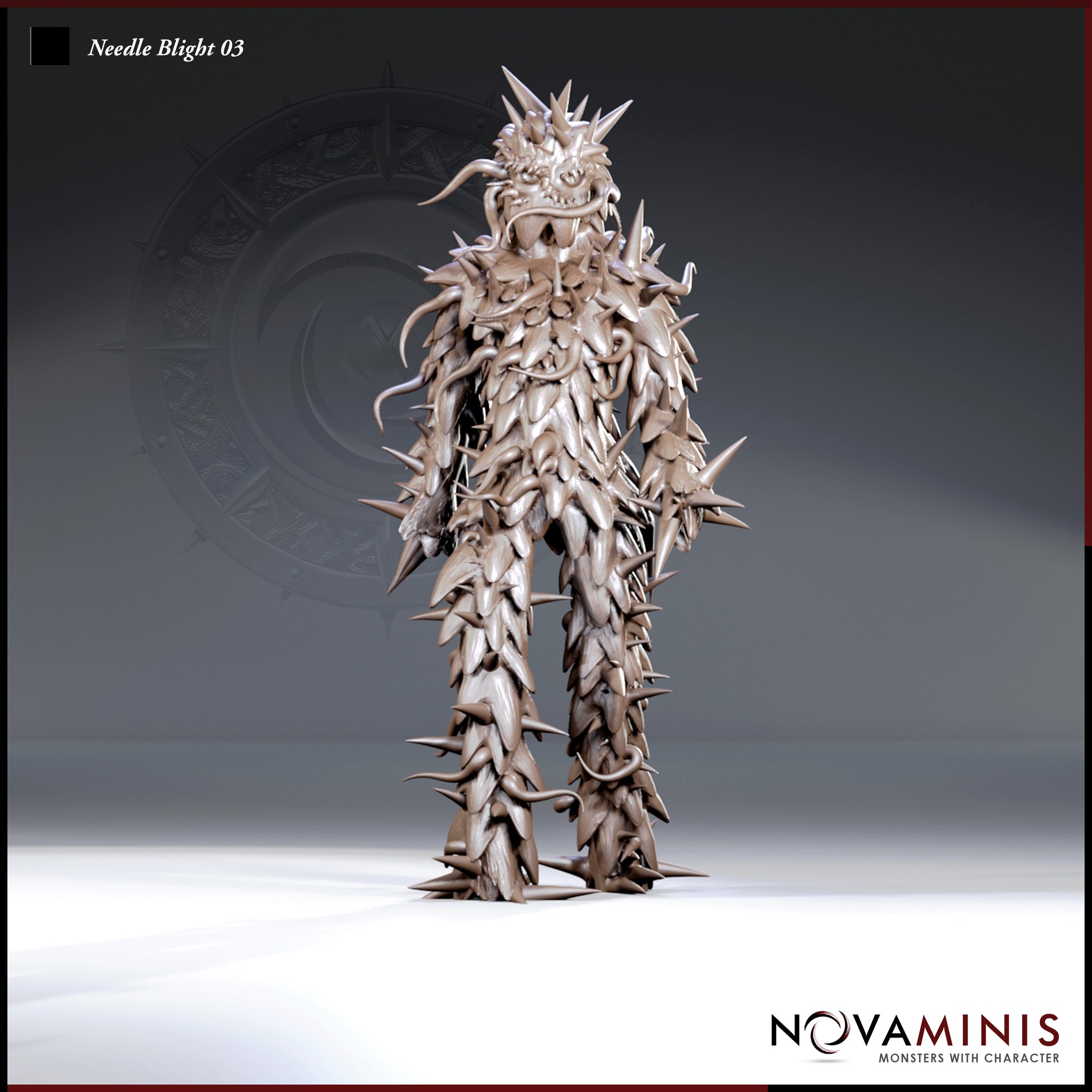 Digital render of Needle Blight 03 miniature by Novaminis — an unpainted humanoid plant creature covered in overlapping bark-like scales, outward-pointing spines, and curling tendrils, with a snarling fanged face crowned by a ring of sharp needle spikes, viewed from the front at 32mm scale