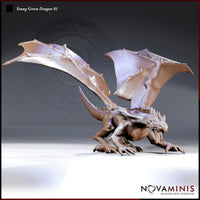 Digital render of Young Green Dragon 01 by Novaminis — unpainted resin miniature shown in a three-quarter front view, crouched low with both wings swept wide and upward, front claws splayed on the ground, neck extended forward and jaws open wide showing teeth, dorsal spines visible along the back, and curved horns swept back from the head
