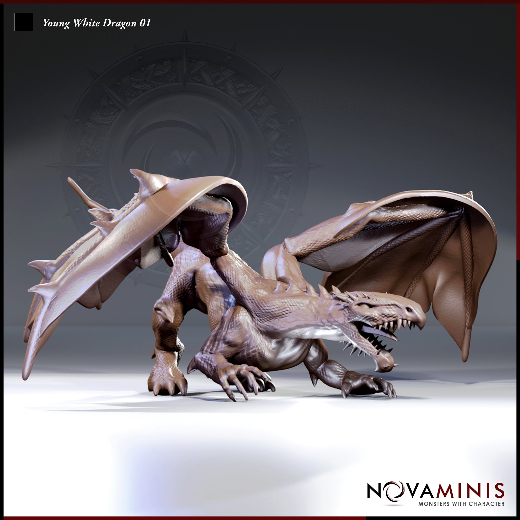 Digital render of Young White Dragon 01 by Novaminis — unpainted resin-coloured sculpt shown in a low prowling pose with wings half-spread, jaws open wide revealing jagged teeth, clawed forelimbs planted on the ground and spiked wing frills clearly visible