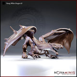 Digital render of Young White Dragon 01 miniature by Novaminis — low stalking pose with wings half-spread, jaw open in a snarl, claws extended forward, viewed from a three-quarter front angle
