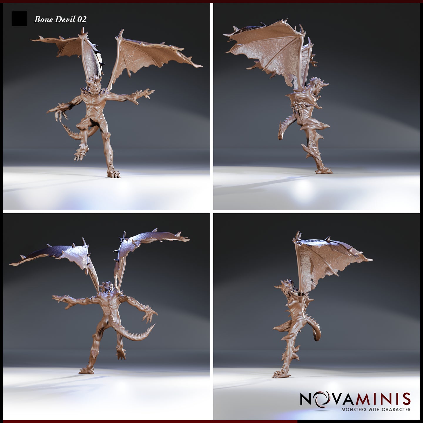 Four-angle digital render sheet of the Bone Devil 02 miniature by Novaminis showing front, side, rear-three-quarter, and opposite-side views — highlighting the spread leathery wings, muscular torso, spine-ridged back, serrated tail, and outstretched clawed arms in an unpainted warm resin colour