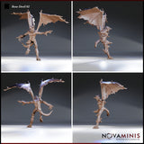 Four-angle digital render sheet of the Bone Devil 02 miniature by Novaminis showing front, side, rear-three-quarter, and opposite-side views — highlighting the spread leathery wings, muscular torso, spine-ridged back, serrated tail, and outstretched clawed arms in an unpainted warm resin colour