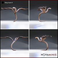 Digital render of Flying Snake 01 miniature by Novaminis shown from four angles — front, rear, top-down, and side profile — highlighting the feathered wings, smooth serpentine body, and landing pose, unpainted clay render