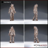 Four-angle digital render of Needle Blight 03 by Novaminis showing front, side, rear, and three-quarter views of the spine-covered plant creature miniature, highlighting the dense layered scales, radiating head spines, and clawed feet across all angles