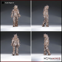 Four-angle digital render of Needle Blight 03 by Novaminis showing front, side, rear, and three-quarter views of the spine-covered plant creature miniature, highlighting the dense layered scales, radiating head spines, and clawed feet across all angles