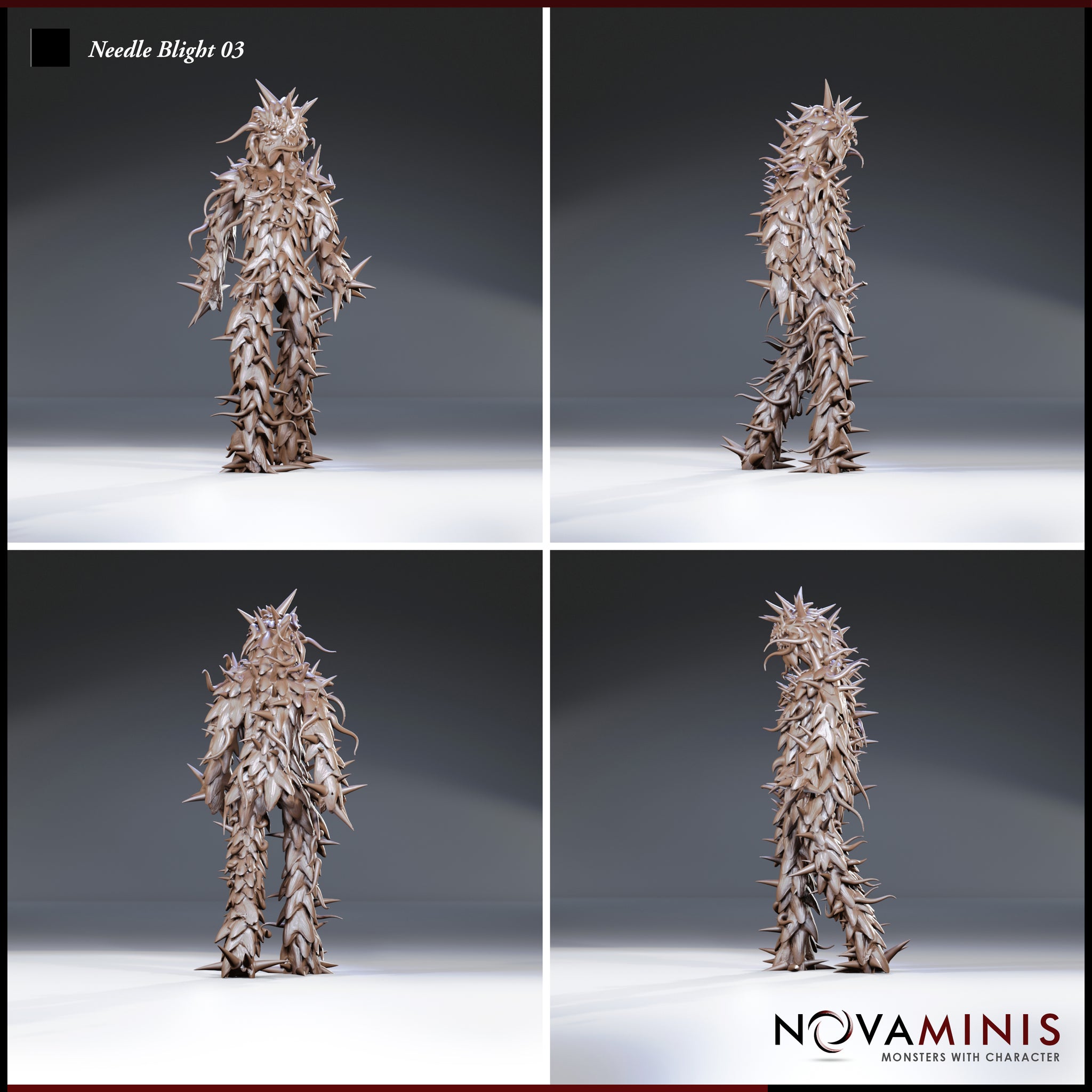 Four-angle digital render of Needle Blight 03 by Novaminis showing front, side, rear, and three-quarter views of the spine-covered plant creature miniature, highlighting the dense layered scales, radiating head spines, and clawed feet across all angles