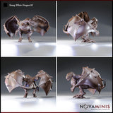 Four-angle digital render sheet of the Young White Dragon 02 miniature by Novaminis — top-left shows a front view with wings fully extended; top-right shows a rear three-quarter view revealing the wing membrane and dorsal spines; bottom-left shows a low front view with wings swept forward; bottom-right shows a side view with jaws open and claws prominent. Unpainted grey resin render throughout.