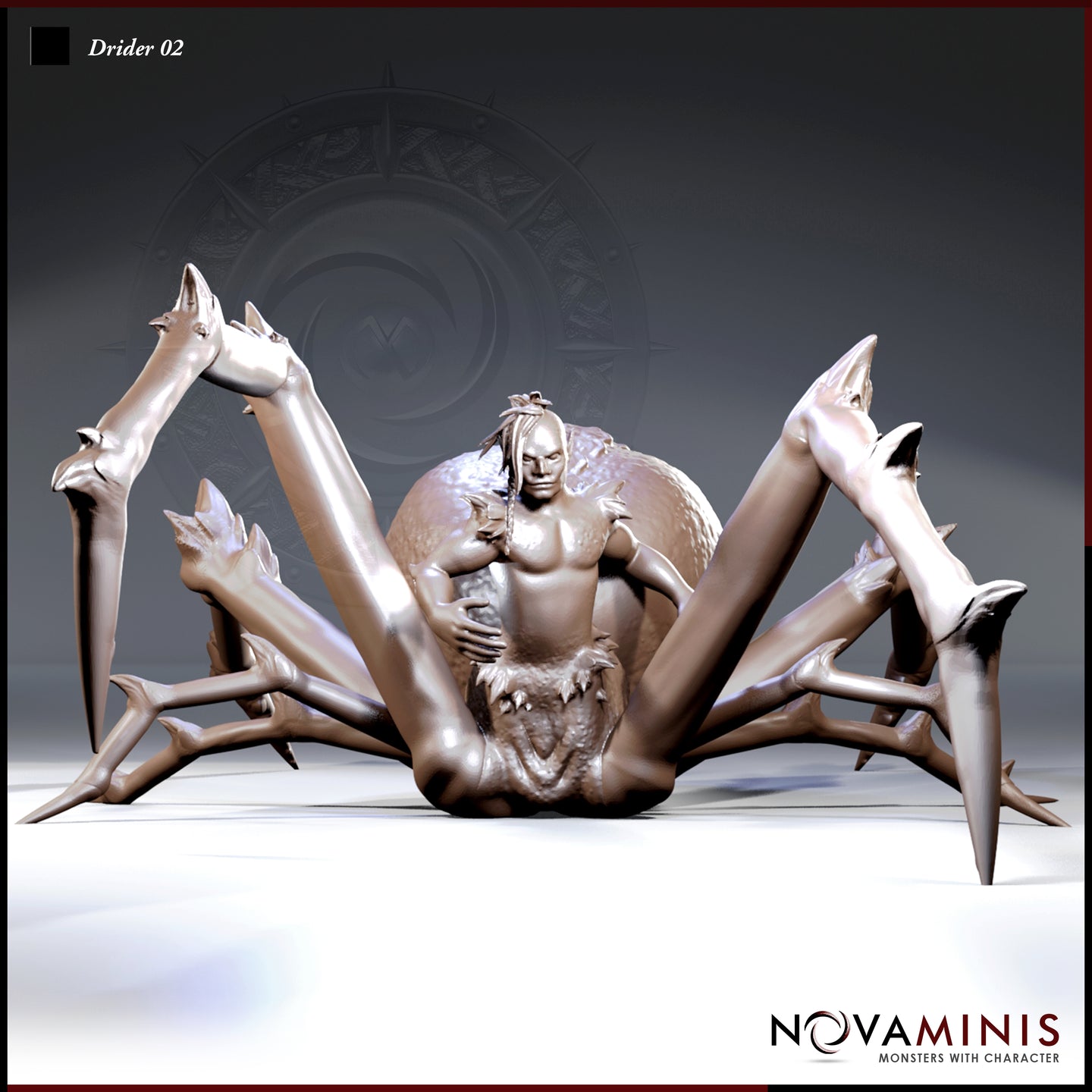 Front-facing digital render of the Novaminis Drider 02 miniature — a female drow torso rising from a wide-legged spider body in a low, predatory crouch, eight blade-tipped legs splayed outward and a fang-lined maw visible at the abdomen junction, shown in unprimed warm resin tone