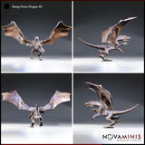 Four-angle digital render sheet of the Young Green Dragon 02 by Novaminis showing front, side, rear, and three-quarter views — leathery wing membranes, horned crest, long tail, and open jaw visible from all angles, unpainted brown render