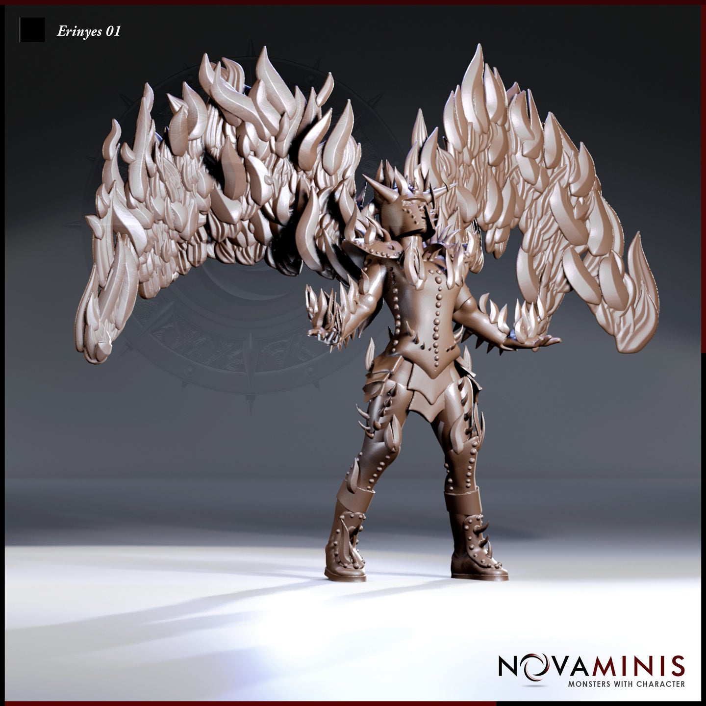 Digital render of the Erinyes 01 miniature by Novaminis — a winged female devil in spiked plate armour with enormous flame-feathered wings fully spread, horned helm, clawed gauntlets, and studded breastplate, shown from the front at 32mm scale