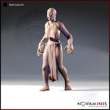 32mm scale digital render of Flesh Golem 02 by Novaminis — a taller, more upright flesh golem with a stitched torso piece draped over its neck, tattered loincloth, and a slack-jawed vacant expression, suture lines across arms and legs, unpainted grey resin render