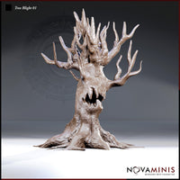 Front-facing digital render of the Tree Blight 01 miniature by Novaminis — an unpainted corrupted tree creature with a wide fang-filled mouth, gnarled reaching branches, and skulls embedded in the bark, shown at 32mm scale