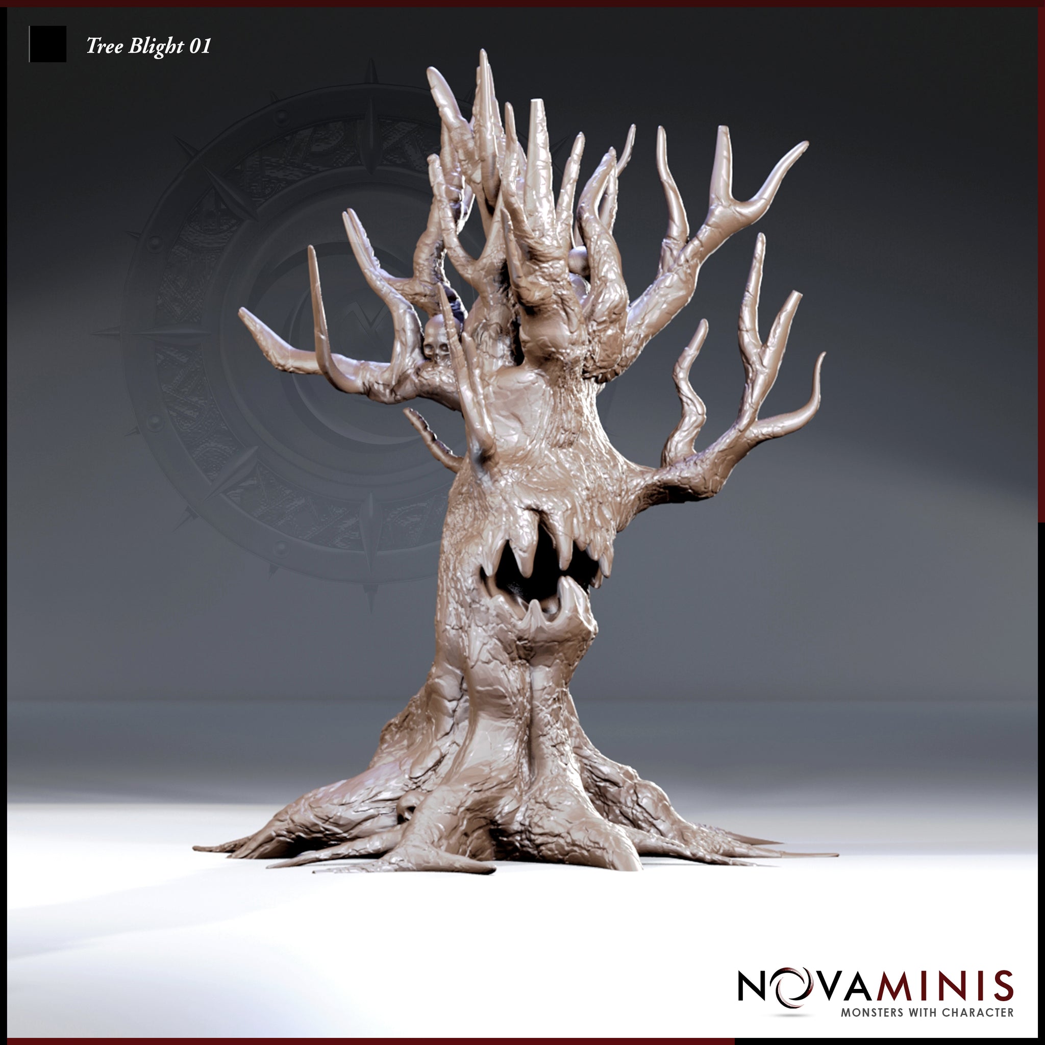 Front-facing digital render of the Tree Blight 01 miniature by Novaminis — an unpainted corrupted tree creature with a wide fang-filled mouth, gnarled reaching branches, and skulls embedded in the bark, shown at 32mm scale