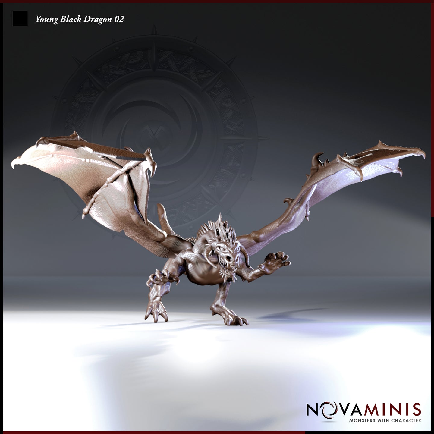 Digital render of Young Black Dragon 02 miniature by Novaminis — front-facing pose with wings fully spread, one foreclaw raised, jaws open in a snarl, dorsal spines bristling, shown unpainted in grey resin finish against a light background