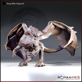 Digital render of the Young White Dragon 02 miniature by Novaminis — front three-quarter view showing the dragon in an aggressive forward-leaning pose, wings spread wide, head lowered and turned to one side, jaws parted, foreclaws raised. Detailed scale texture and ribbed wing membranes visible throughout. Unpainted grey resin render on a plain white surface.