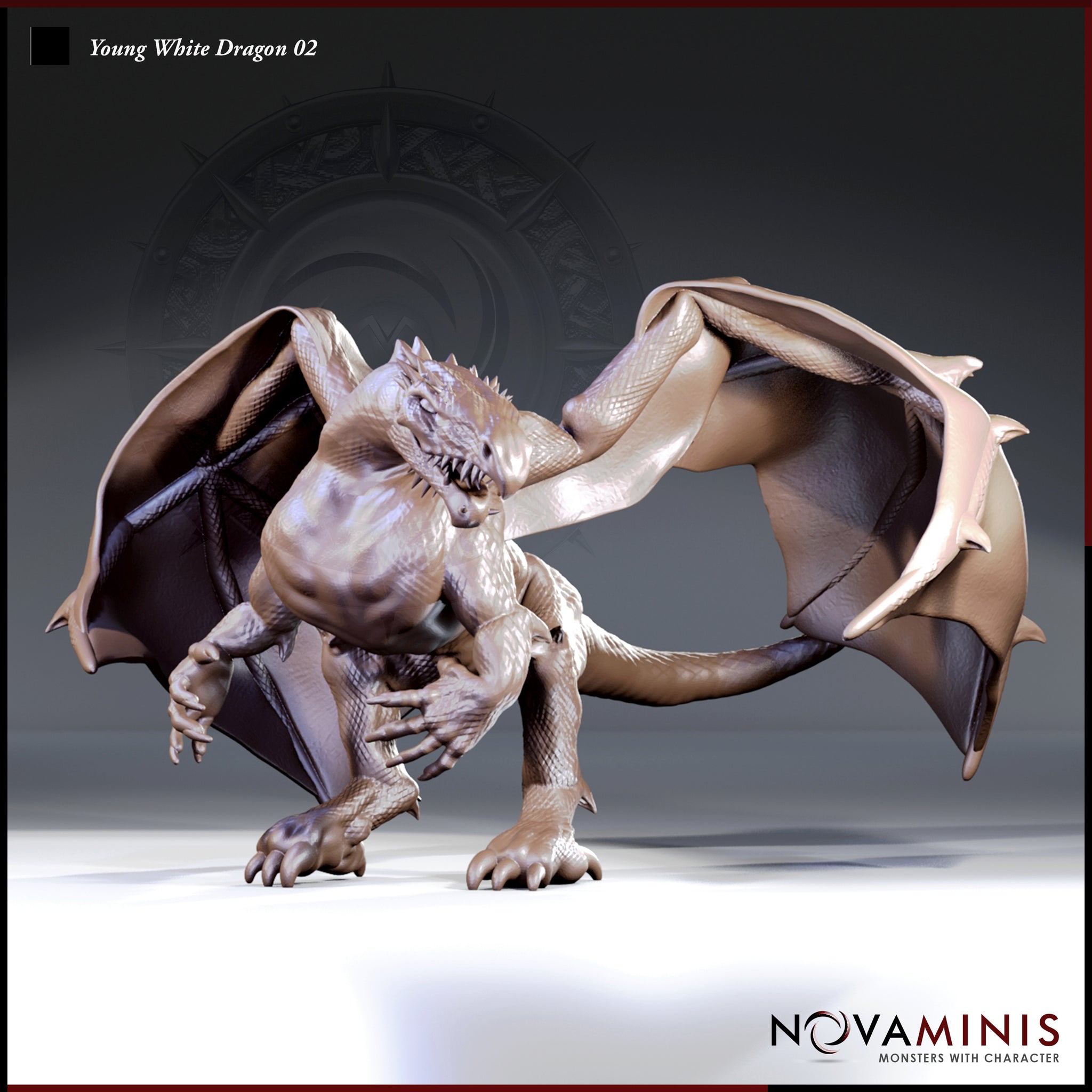Digital render of the Young White Dragon 02 miniature by Novaminis — front three-quarter view showing the dragon in an aggressive forward-leaning pose, wings spread wide, head lowered and turned to one side, jaws parted, foreclaws raised. Detailed scale texture and ribbed wing membranes visible throughout. Unpainted grey resin render on a plain white surface.