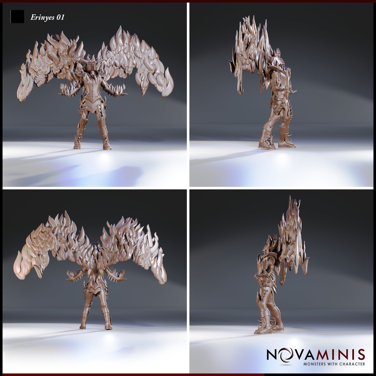 Digital render of Erinyes 01 miniature showing four angles — front, side, rear, and three-quarter view — revealing the full scope of the flame-feathered wings, spiked armour detailing, and clawed gauntlets from all sides