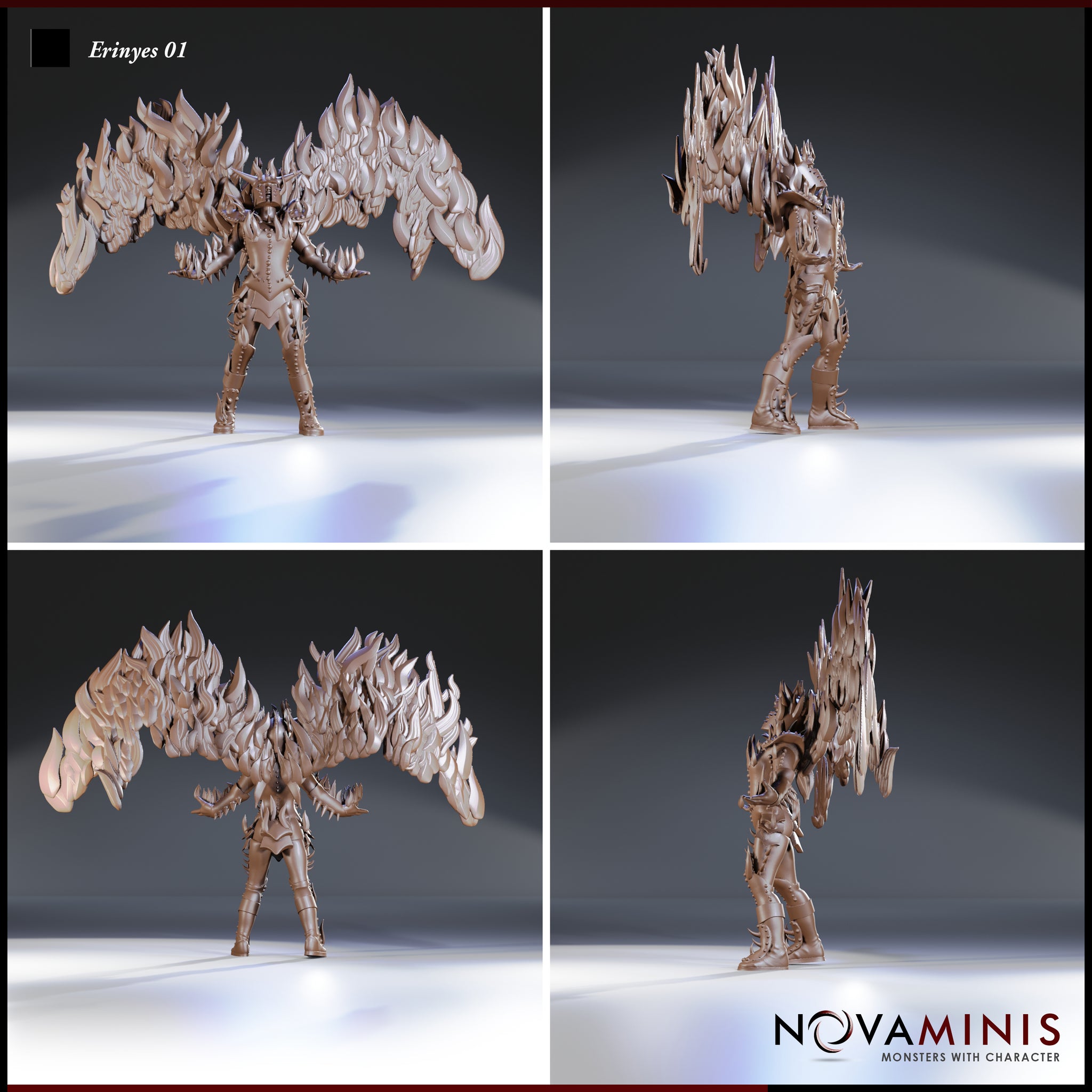 Digital render of Erinyes 01 miniature showing four angles — front, side, rear, and three-quarter view — revealing the full scope of the flame-feathered wings, spiked armour detailing, and clawed gauntlets from all sides