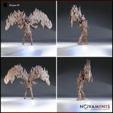 Four-angle digital render of the Erinyes 01 miniature by Novaminis — front, rear, and both side profiles showing the full wingspan, layered spiked armour, talon details at the joints, and flame-feathered wing structure in detail