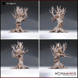 Four-angle digital render of the Tree Blight 01 miniature by Novaminis showing front, back, and side views — revealing the deeply textured bark, skulls nestled among the roots and branches, the jagged maw, and trailing root tendrils at the base