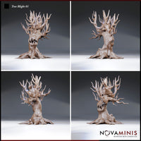 Four-angle digital render of the Tree Blight 01 miniature by Novaminis showing front, back, and side views — revealing the deeply textured bark, skulls nestled among the roots and branches, the jagged maw, and trailing root tendrils at the base