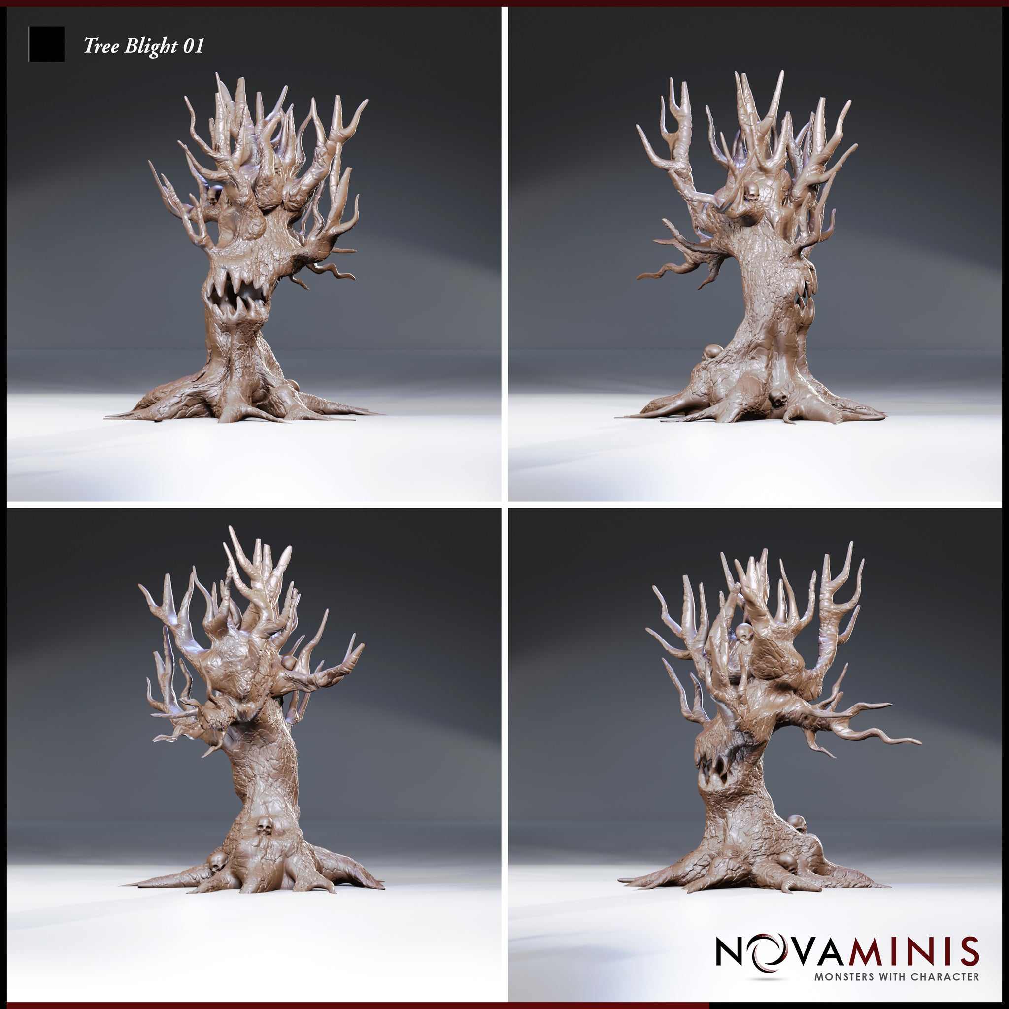 Four-angle digital render of the Tree Blight 01 miniature by Novaminis showing front, back, and side views — revealing the deeply textured bark, skulls nestled among the roots and branches, the jagged maw, and trailing root tendrils at the base