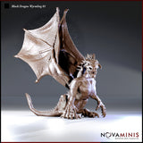 Digital render of Black Dragon Wyrmling 01 miniature — grounded pose with wings spread wide, crown of head spines, open-fanged snarl, one claw raised, and a spiked tail curling behind, shown at three-quarter front angle