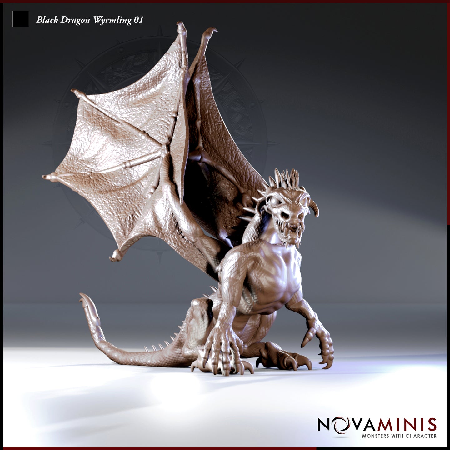 Digital render of the Black Dragon Wyrmling 01 miniature by Novaminis — an unpainted resin-coloured sculpt shown in three-quarter view, wings spread wide with detailed membrane texture, crouching on all fours with tail extended, jagged crown of horns, hollow cheekbones, and clawed hands raised in a confrontational pose