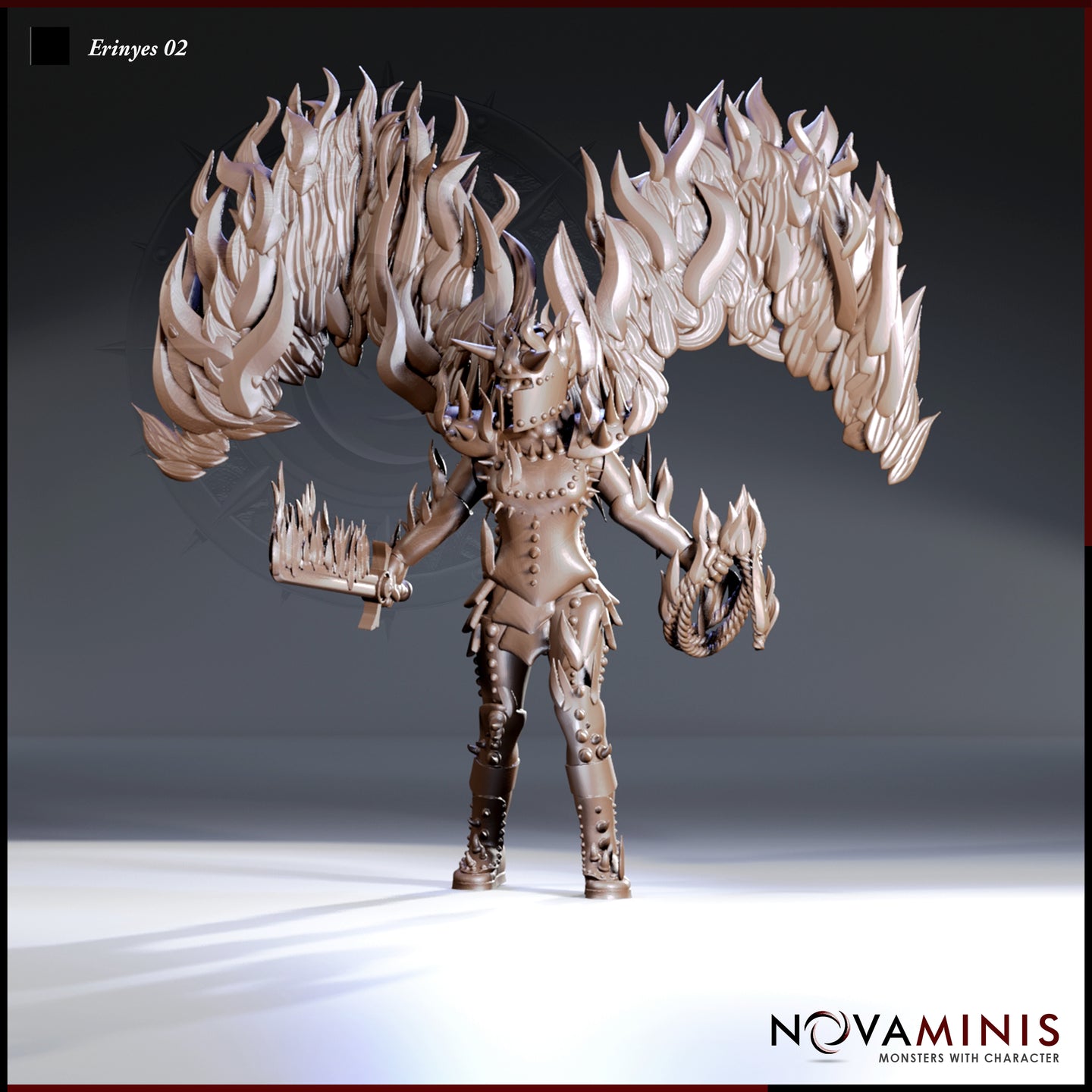 Front-facing digital render of the Erinyes 02 miniature by Novaminis — an unpainted female devil in studded infernal armour with large flame-wreathed wings spread wide, holding a serrated spike-lined sword in one hand and a coiled rope in the other, rendered in warm bronze tone at 32mm scale