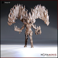 Front-facing digital render of the Erinyes 02 miniature by Novaminis — an unpainted female devil in studded infernal armour with large flame-wreathed wings spread wide, holding a serrated spike-lined sword in one hand and a coiled rope in the other, rendered in warm bronze tone at 32mm scale